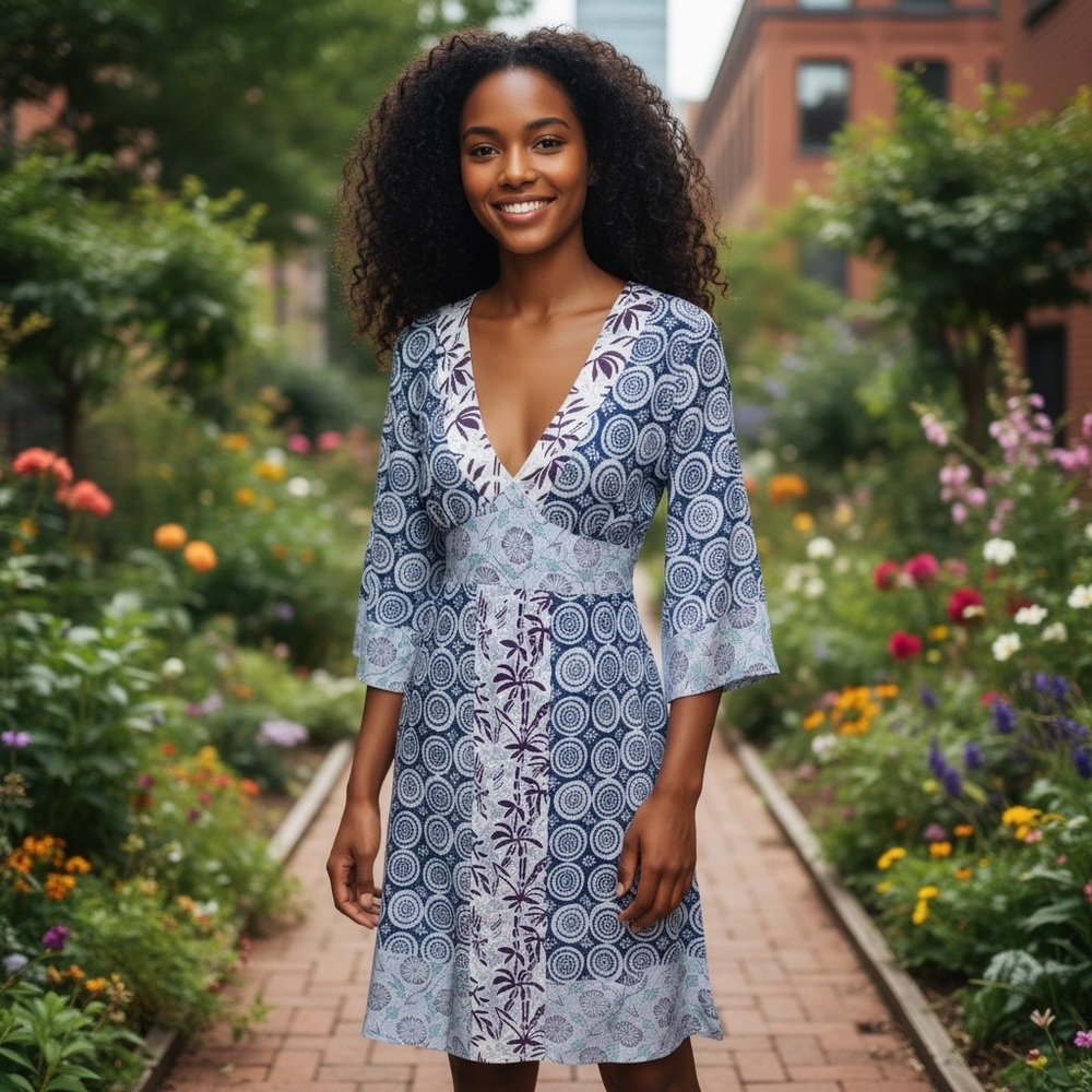 GRACIE Asian Inspired Deep V-Neck Cotton & Silk Blue Midi Dress Size S